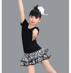 Zebra printed skirt black top short sleeves girl kids children kindergarten school play performance gymnastics latin dance dresses sets